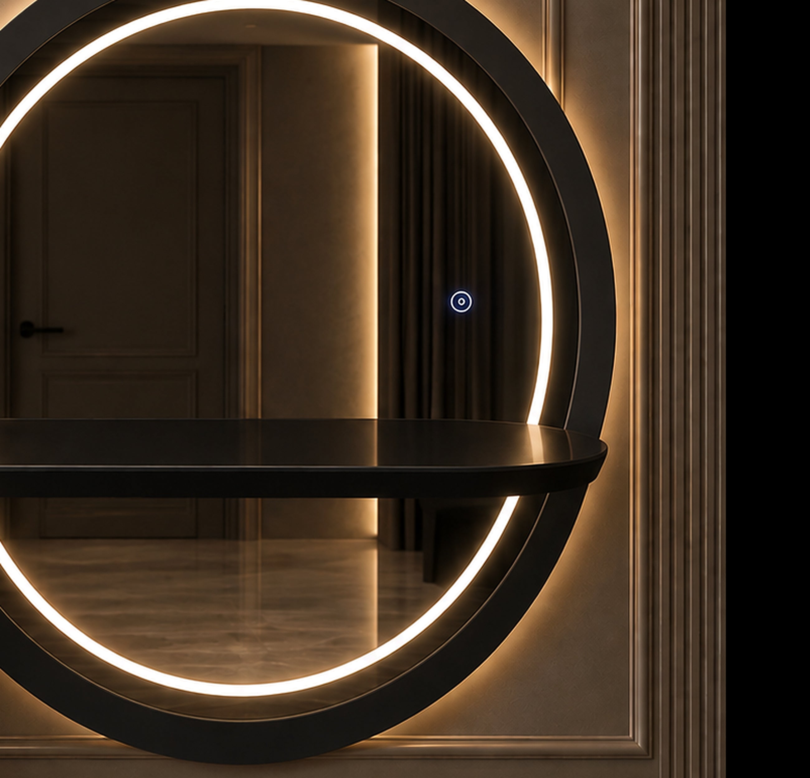 Onyx Halo black dressing table console edge and warm illuminated mirror detail by Z Galleria Lahore