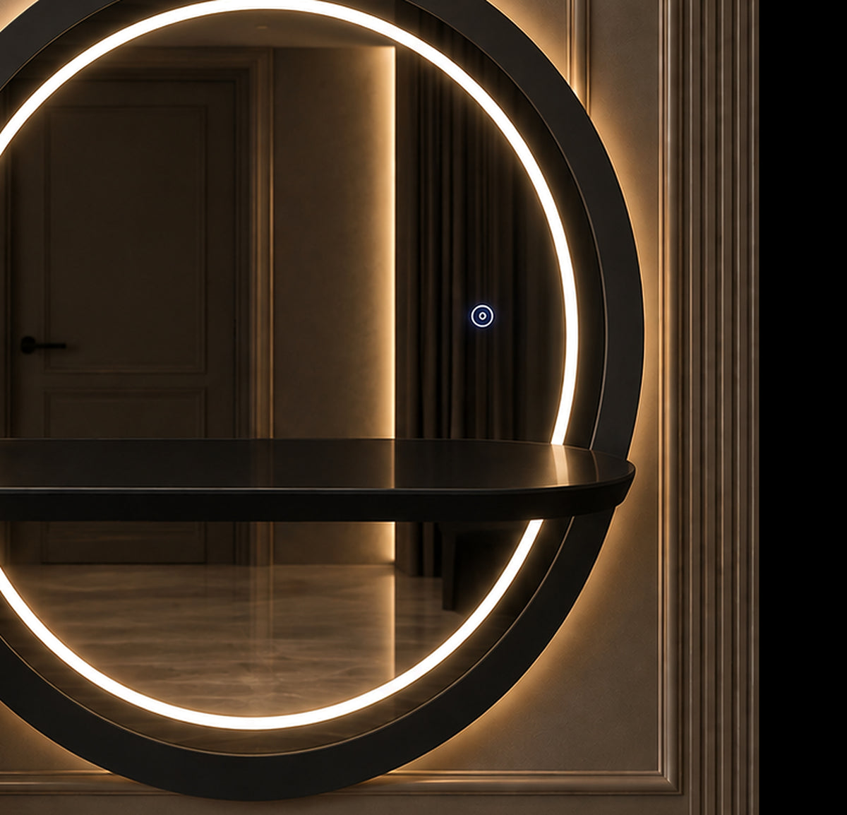 Onyx Halo black dressing table console edge and warm illuminated mirror detail by Z Galleria Lahore