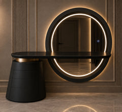 Onyx Halo luxury black vanity console with circular illuminated mirror by Z Galleria Lahore