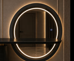 Onyx Halo circular LED mirror and black console detail by Z Galleria