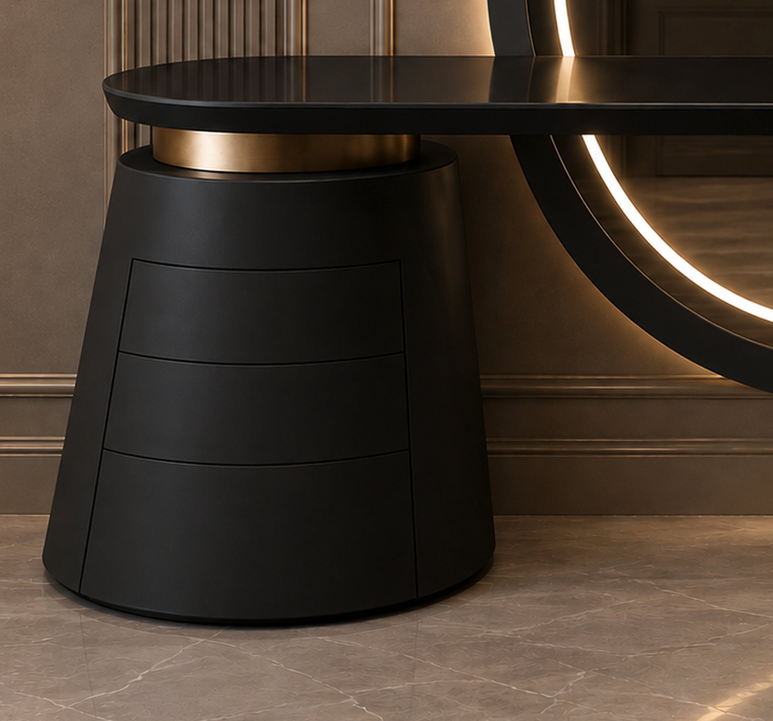 Onyx Halo sculptural pedestal storage detail with black finish by Z Galleria