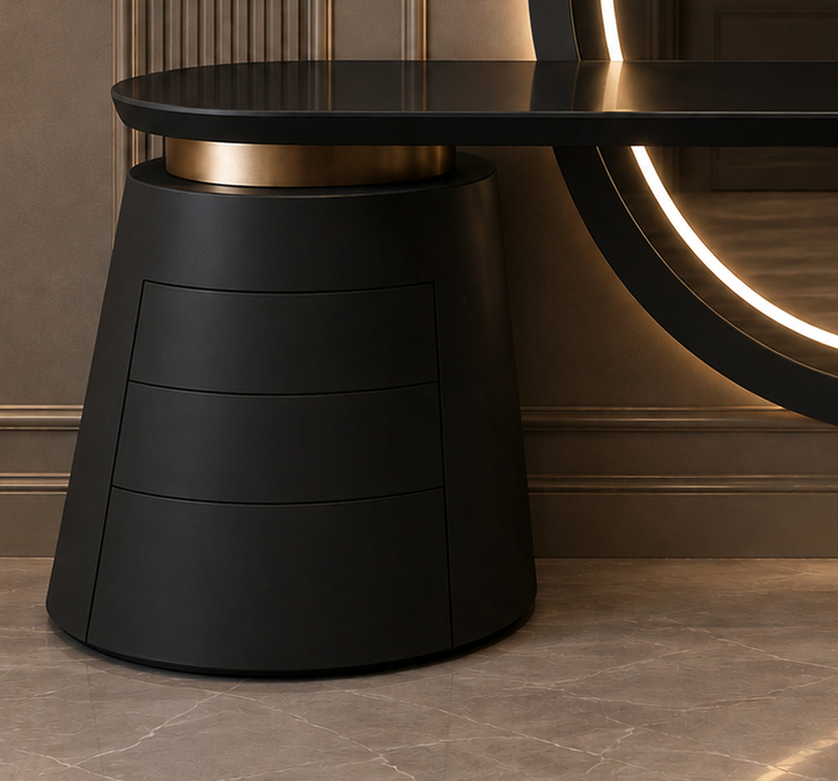 Onyx Halo sculptural pedestal storage detail with black finish by Z Galleria