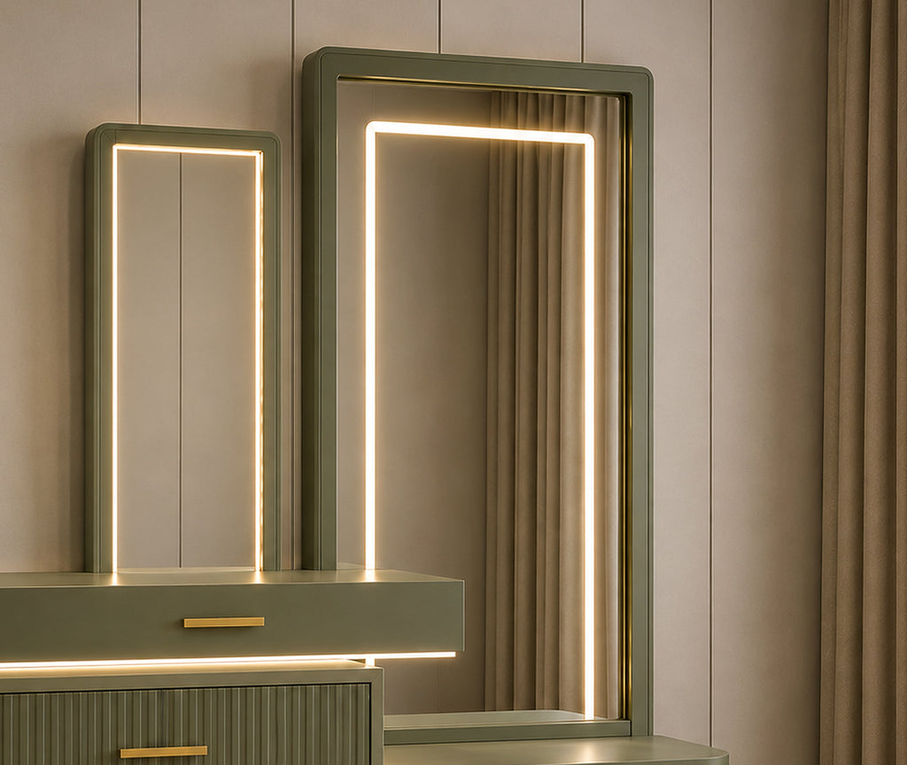 Opal Sage Vanity Console layered LED mirror and floating drawer detail by Z Galleria