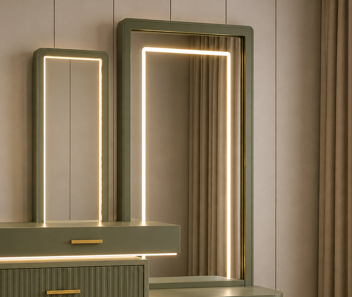 Opal Sage Vanity Console layered LED mirror and floating drawer detail by Z Galleria