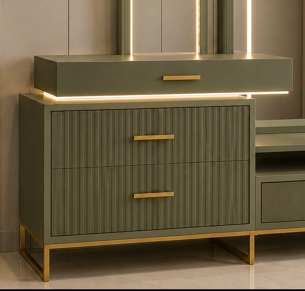 Opal Sage Vanity Console ribbed MDF storage drawers and gold handle detail by Z Galleria