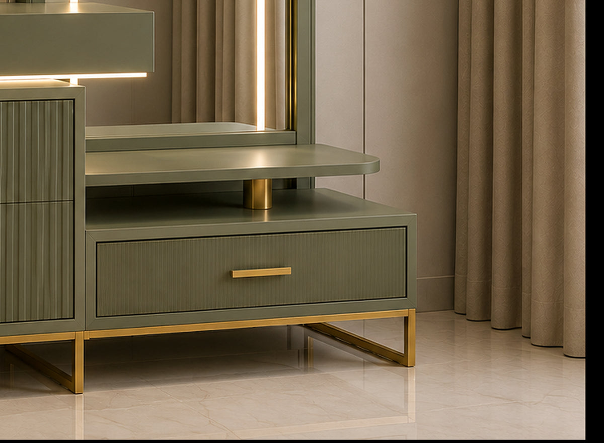 Opal Sage Vanity Console right storage drawer, open shelf and gold base detail by Z Galleria