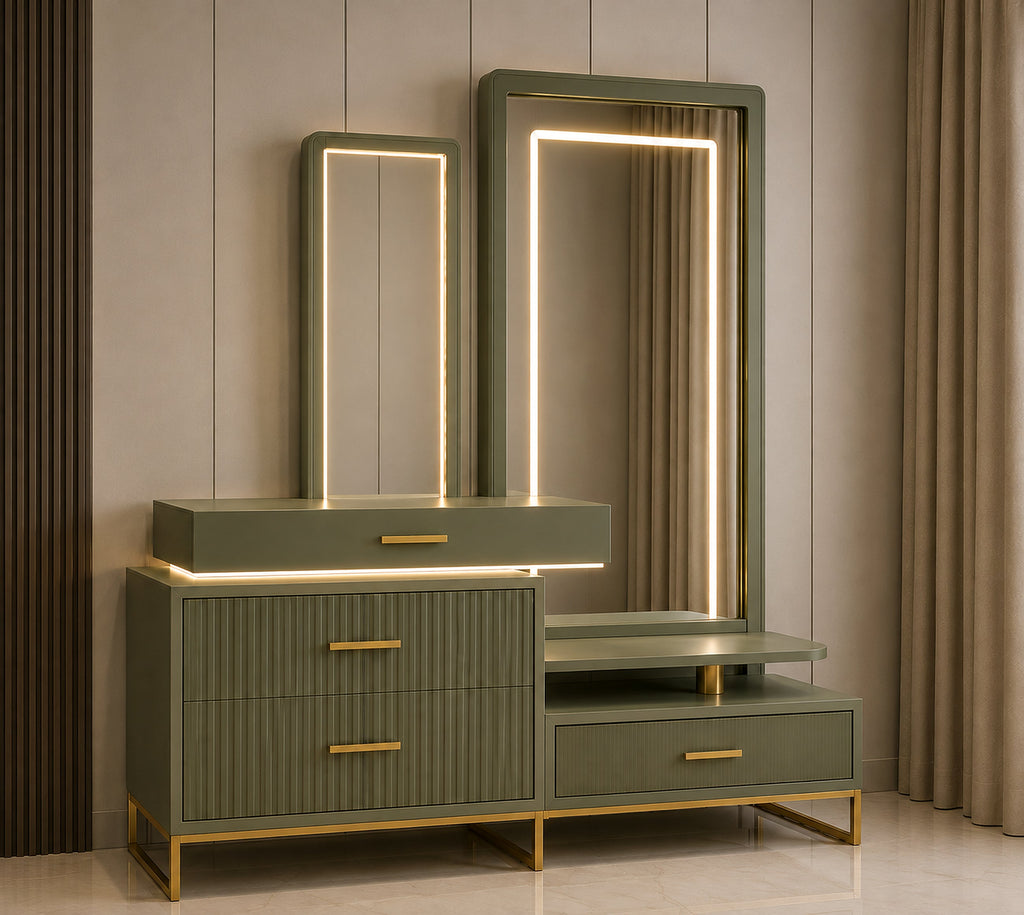 Opal Sage Vanity Console with illuminated mirrors, sage finish and gold detailing by Z Galleria