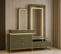 Opal Sage Vanity Console with illuminated mirrors, sage finish and gold detailing by Z Galleria