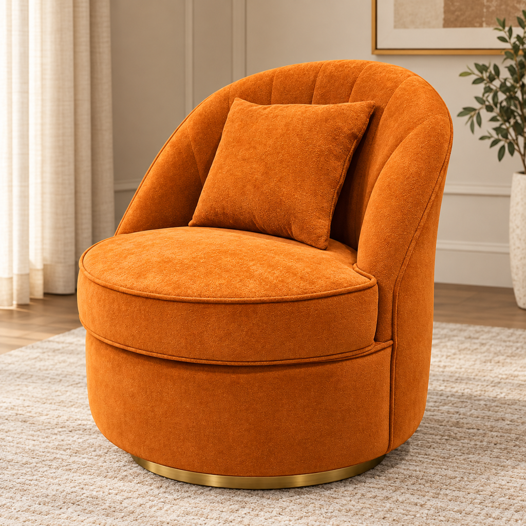 Orange rounded barrel accent lounge chair with gold-finish circular base by Z Galleria