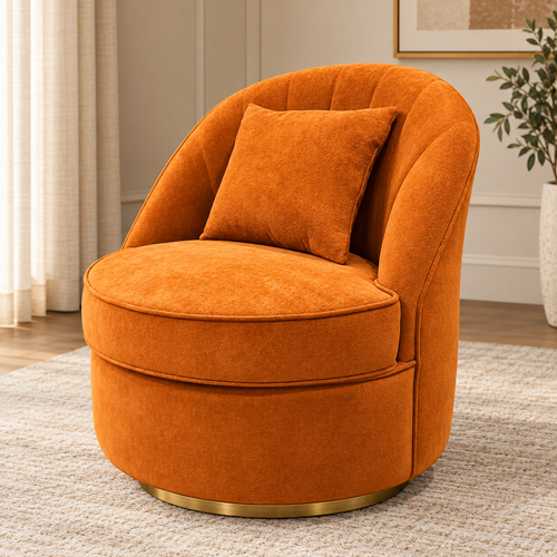 Orange rounded barrel accent lounge chair with gold-finish circular base by Z Galleria