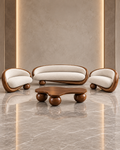 Orbis Curve luxury solid wood sofa set in cream bouclé upholstery with walnut-tone curved frames and matching wooden centre table