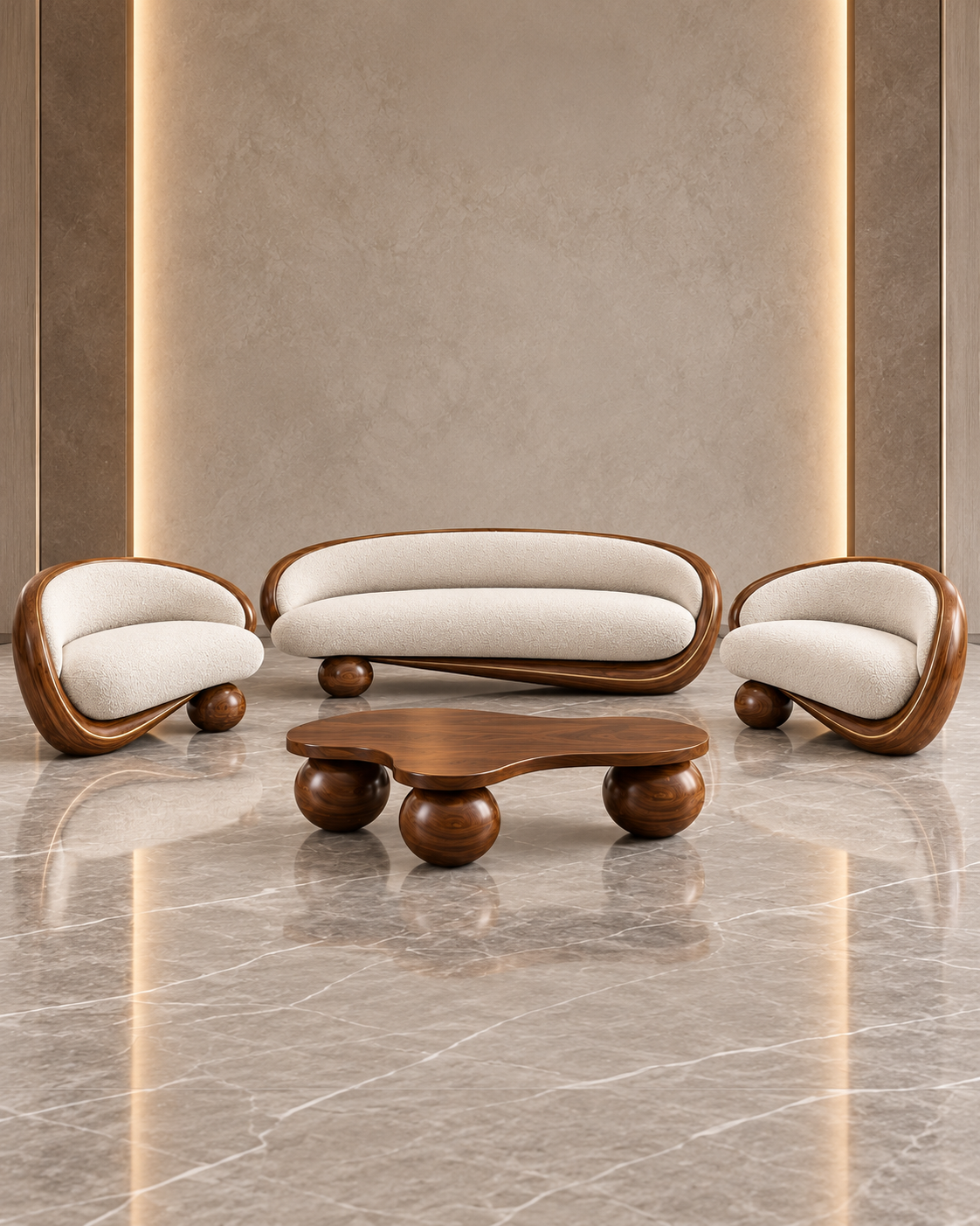 Orbis Curve luxury solid wood sofa set in cream bouclé upholstery with walnut-tone curved frames and matching wooden centre table