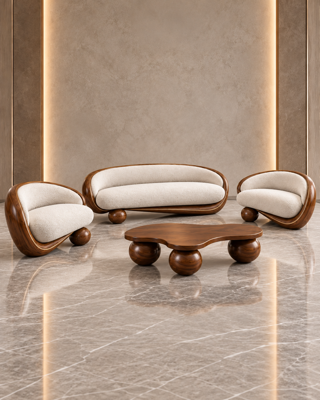 Orbis Curve designer bouclé sofa set with sculptural curved solid wood surrounds, alternate lounge view