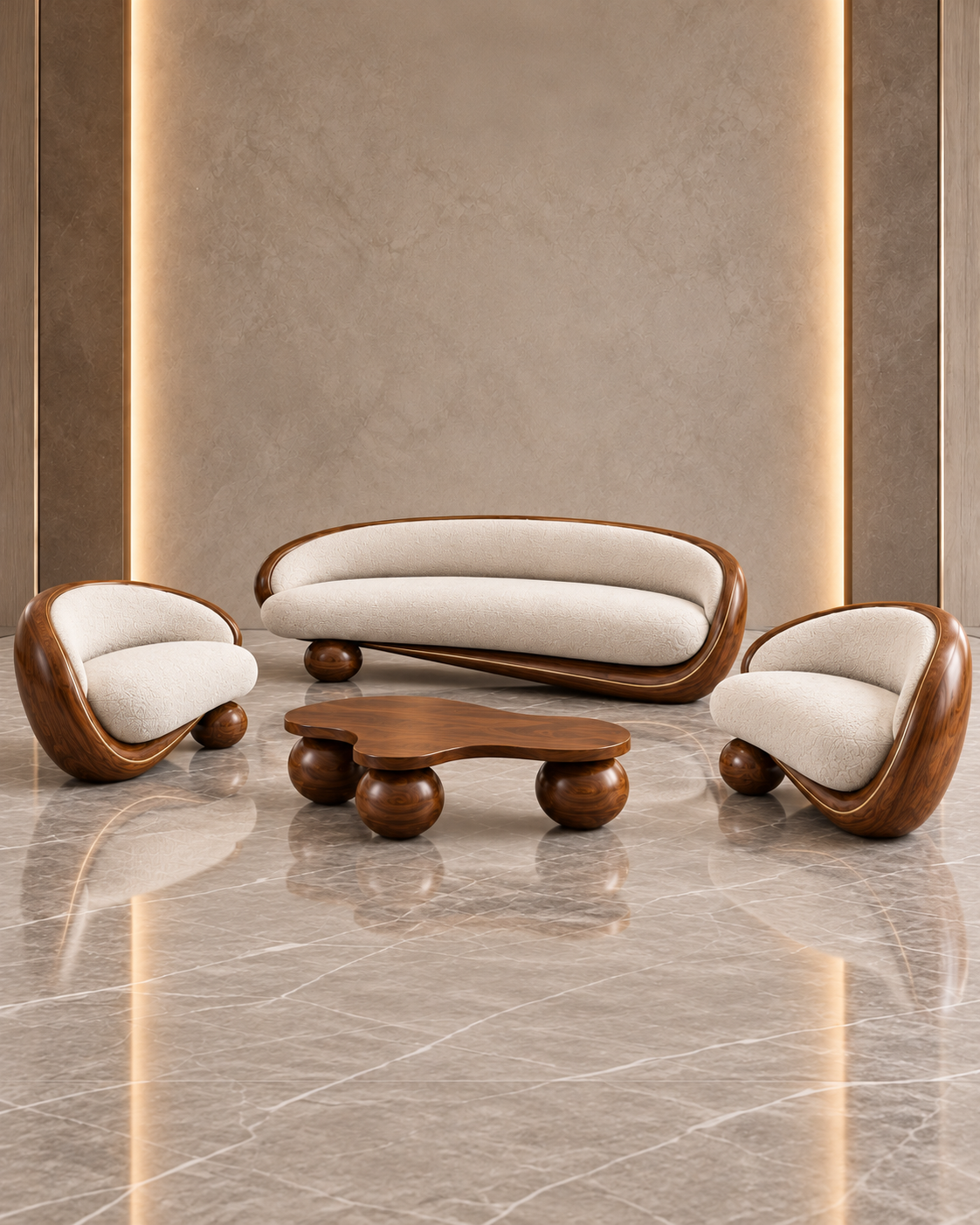 Orbis Curve ivory bouclé sofa seating and coordinated three-ball-leg wooden coffee table