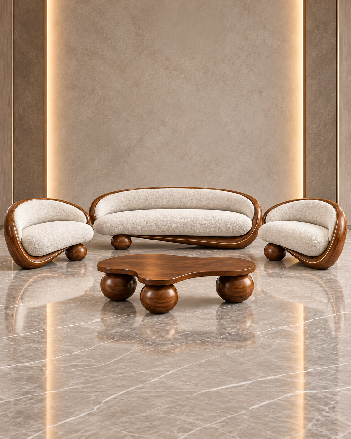 Orbis Curve wooden centre table with organic top and spherical supports in luxury sofa arrangement
