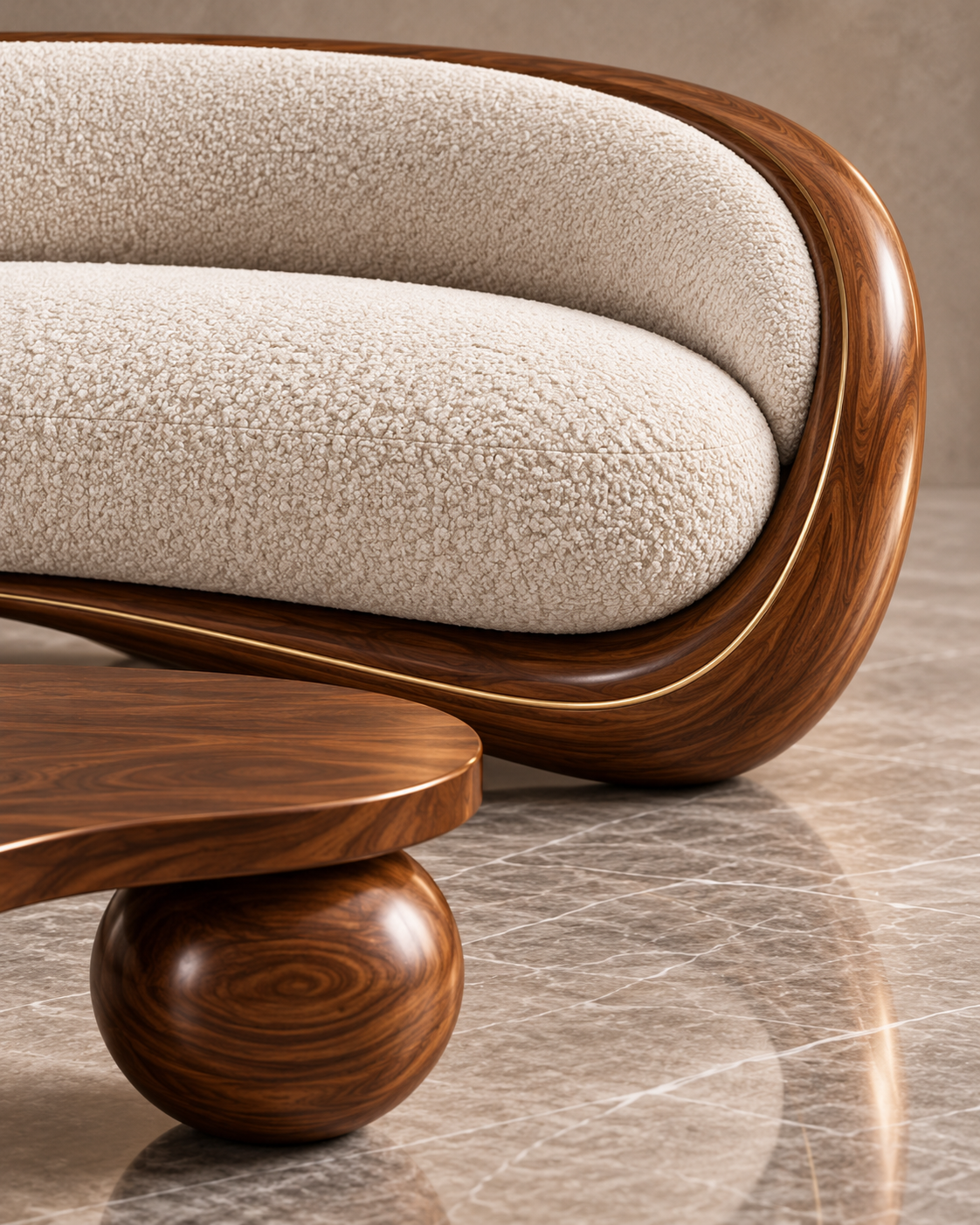 Close-up of premium ivory bouclé upholstery, smooth walnut-tone solid wood sofa edge, and spherical table foot
