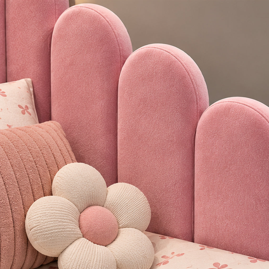 Princess Sliding Double Bunk Bed pink velvet scalloped headboard material close-up