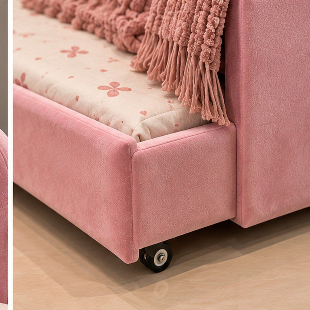 Princess Sliding Double Bunk Bed pink velvet trundle frame, stitching and caster close-up
