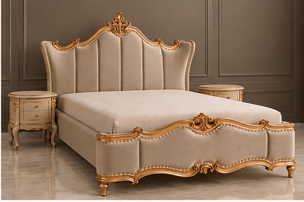 Regalia Crest Bed three-quarter view showing sculpted footboard and tall upholstered headboard