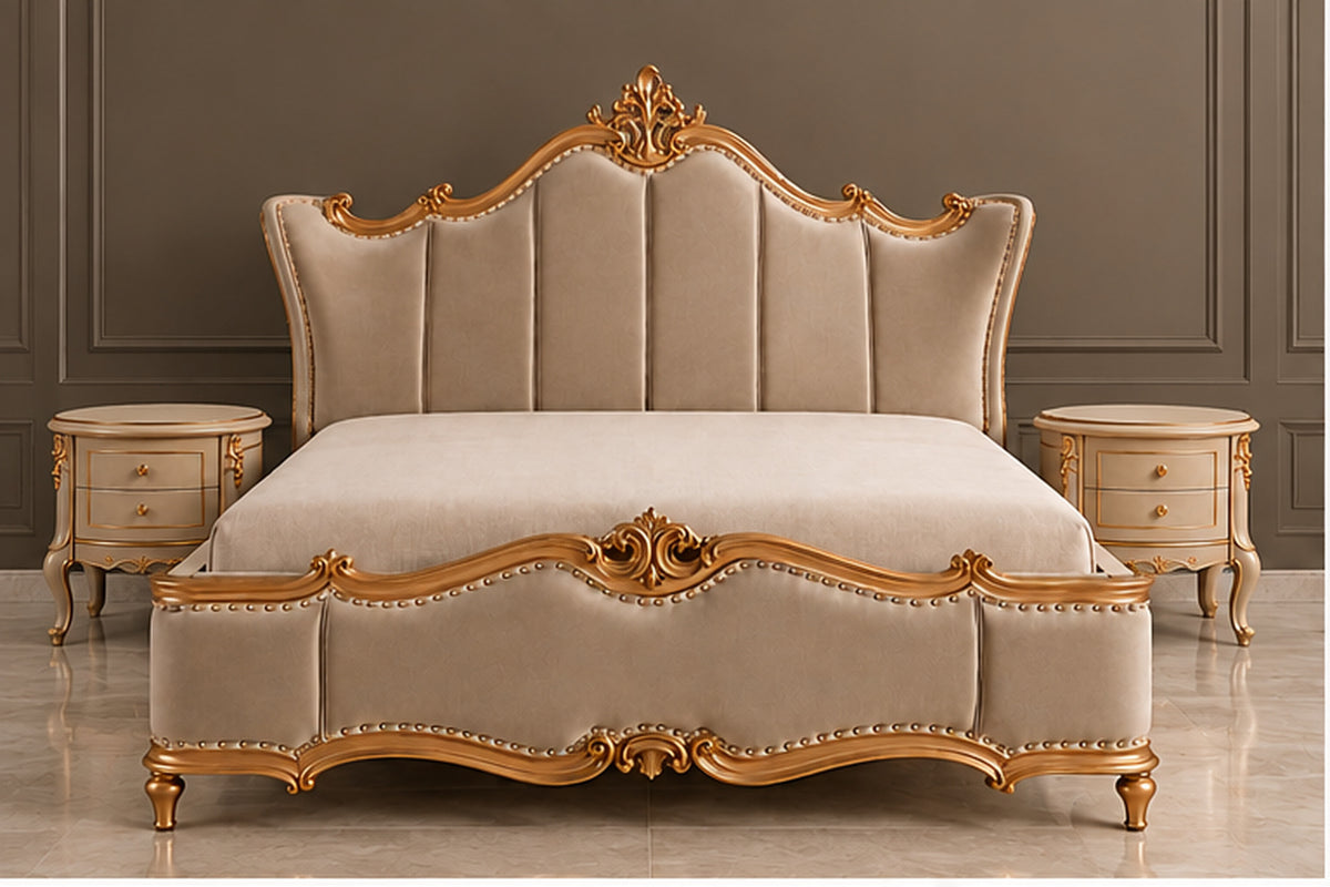 Regalia Crest Bed front view with ornate gold detailing and matching side tables by Z Galleria