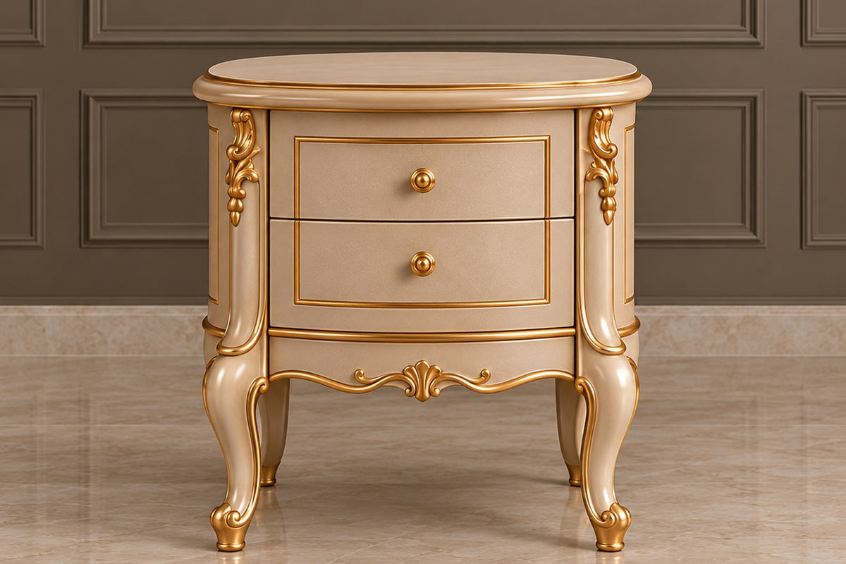 Regalia Crest Bed matching side table with handcrafted gold detailing and curved traditional profile