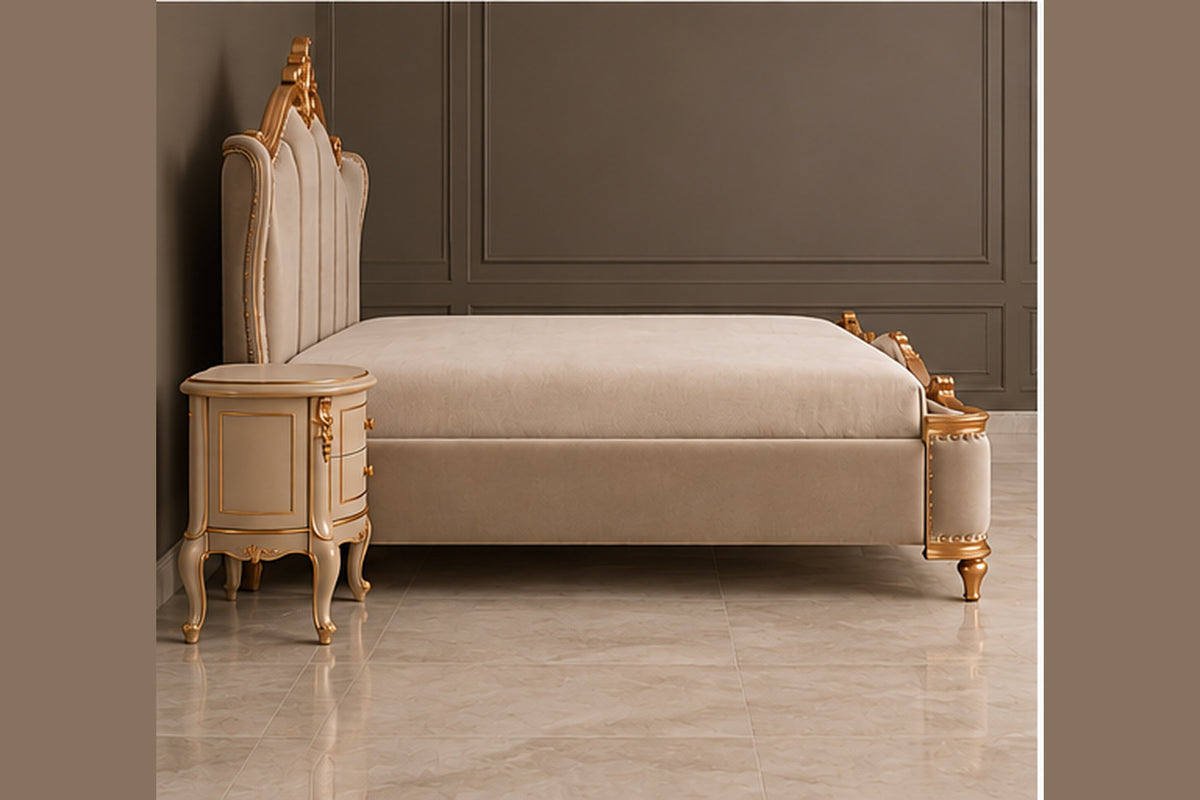 Regalia Crest Bed side profile with matching traditional side table and upholstered frame