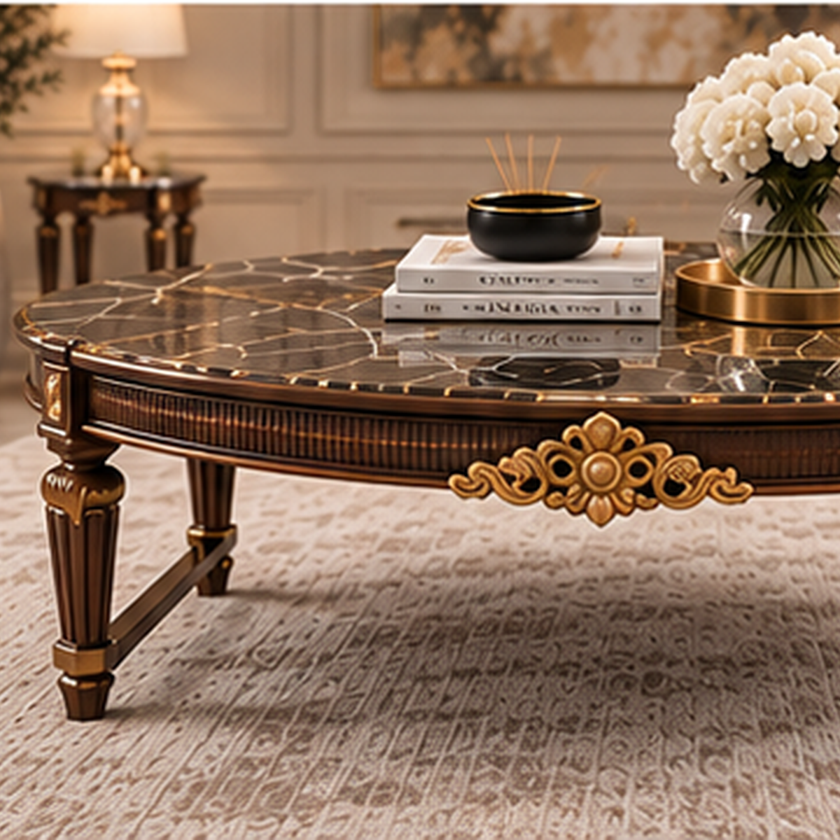 Regalia Heritage centre table with solid wood structure and marble top - Z Galleria