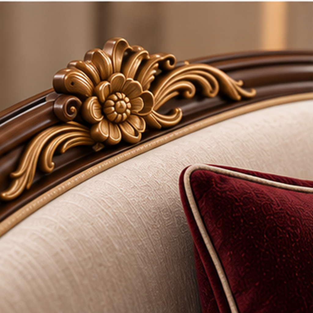 Close-up of Regalia Heritage ivory velvet upholstery, burgundy cushion and carved gold-finished solid wood detail