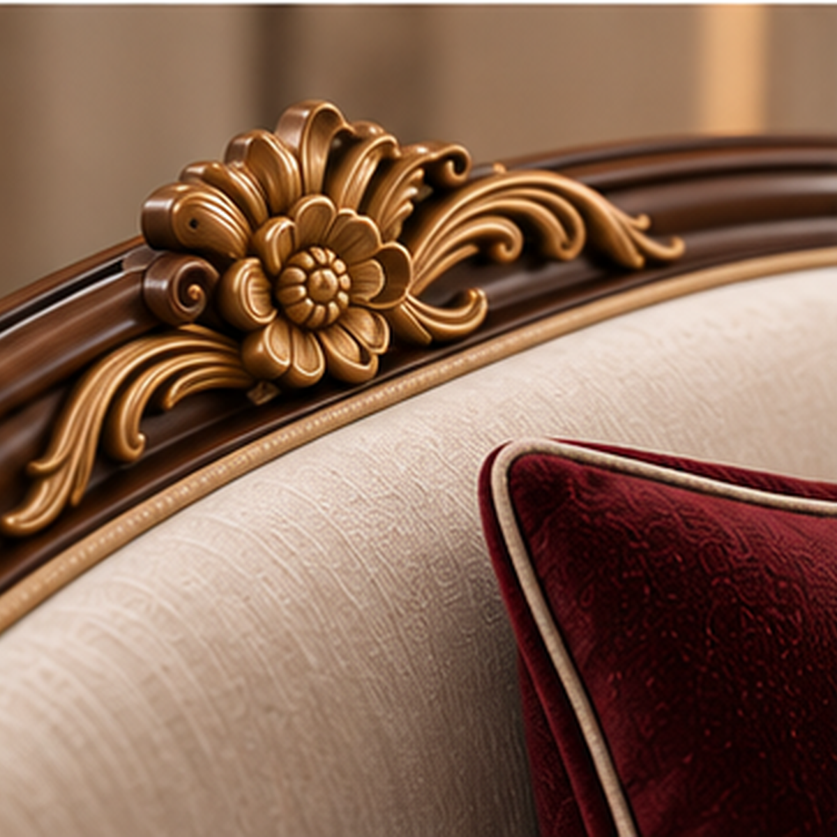 Close-up of Regalia Heritage ivory velvet upholstery, burgundy cushion and carved gold-finished solid wood detail
