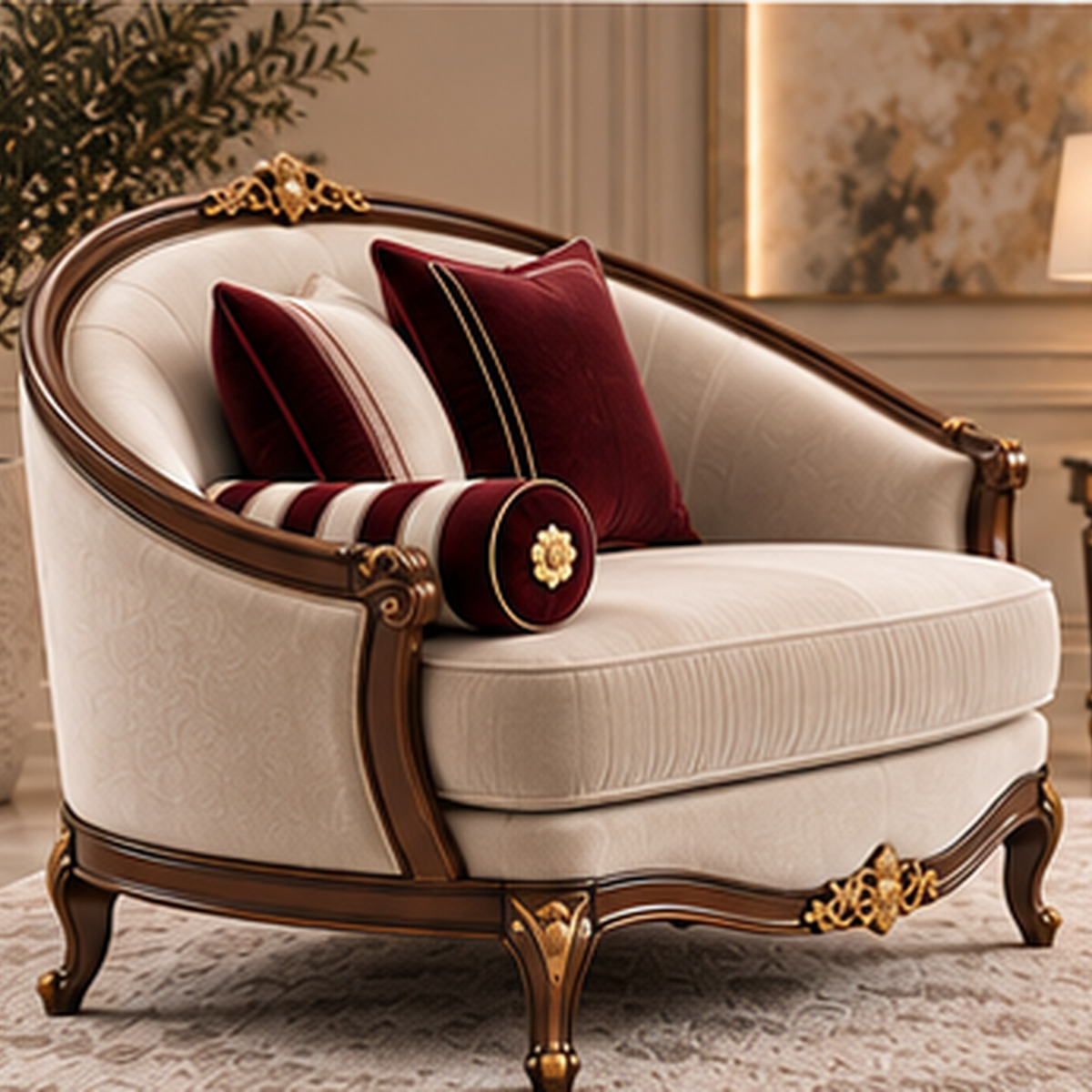 Regalia Heritage one-seater sofa in ivory velvet with burgundy and white cushions