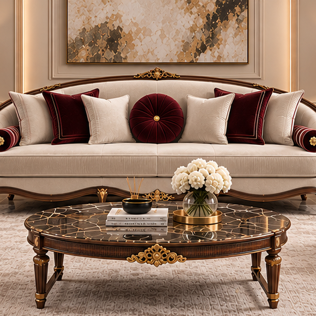 Regalia Heritage Sofa Set in ivory velvet with burgundy and white cushions, carved solid wood frame and centre table - Z Galleria