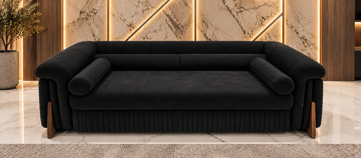 Rivan Velvet Lounge Sofa in black velvet front view with solid wood accents by Z Galleria