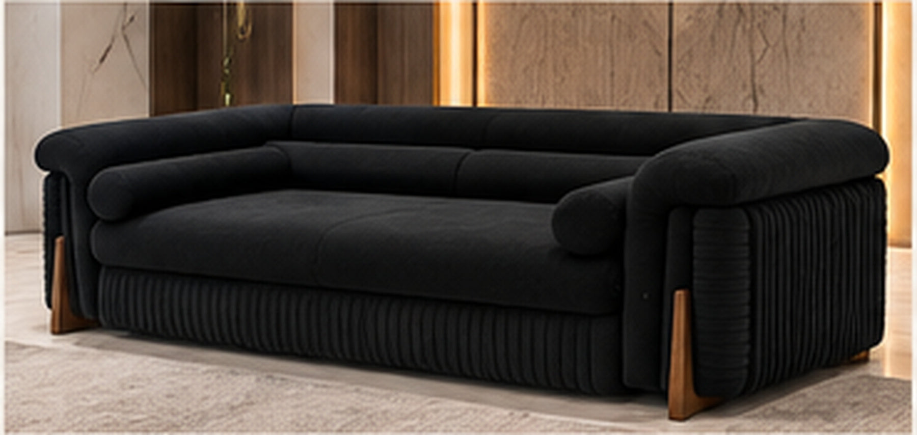 Rivan Velvet Lounge Sofa in black velvet three-quarter view with sculpted arms by Z Galleria