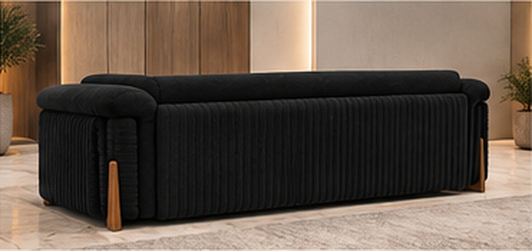 Rivan Velvet Lounge Sofa in black velvet rear view with channelled upholstery by Z Galleria
