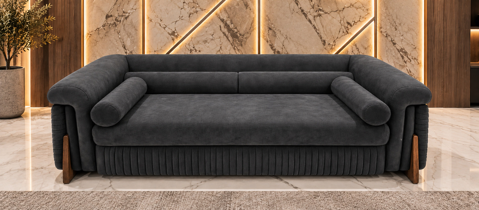 Rivan Velvet Lounge Sofa in charcoal grey velvet front view with solid wood accents by Z Galleria