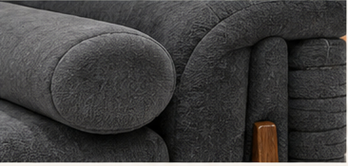 Rivan Velvet Lounge Sofa charcoal grey velvet bolster cushion and solid wood detail by Z Galleria