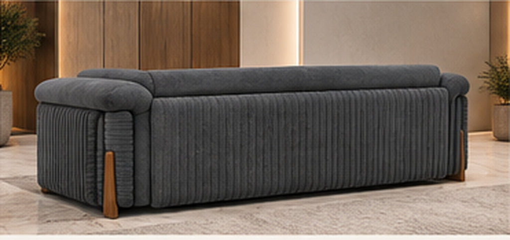 Rivan Velvet Lounge Sofa in charcoal grey velvet rear view with channelled upholstery by Z Galleria