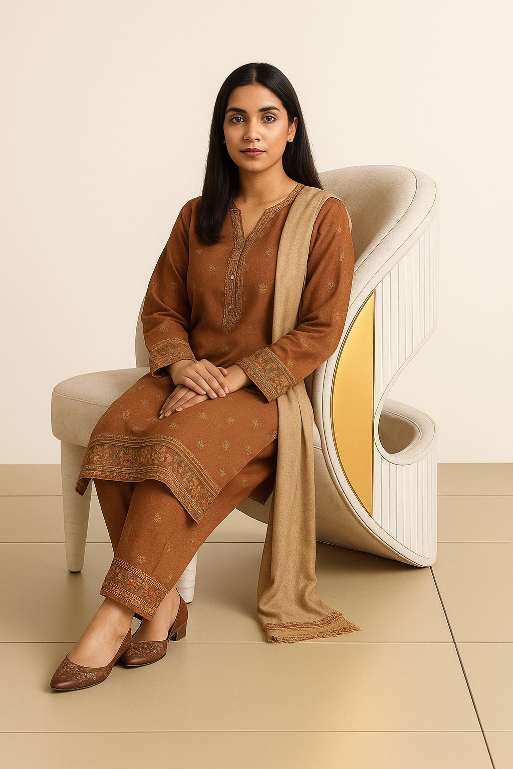 Sculptural Loop Accent Chair – Ivory & Gold Modern Statement Piece