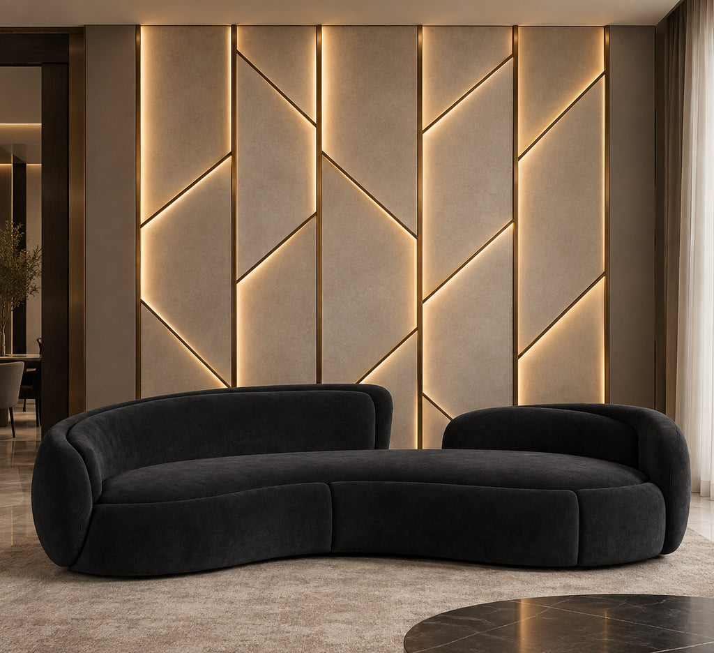 Selene Curve Sofa sculptural curved black upholstery hero view by Z Galleria