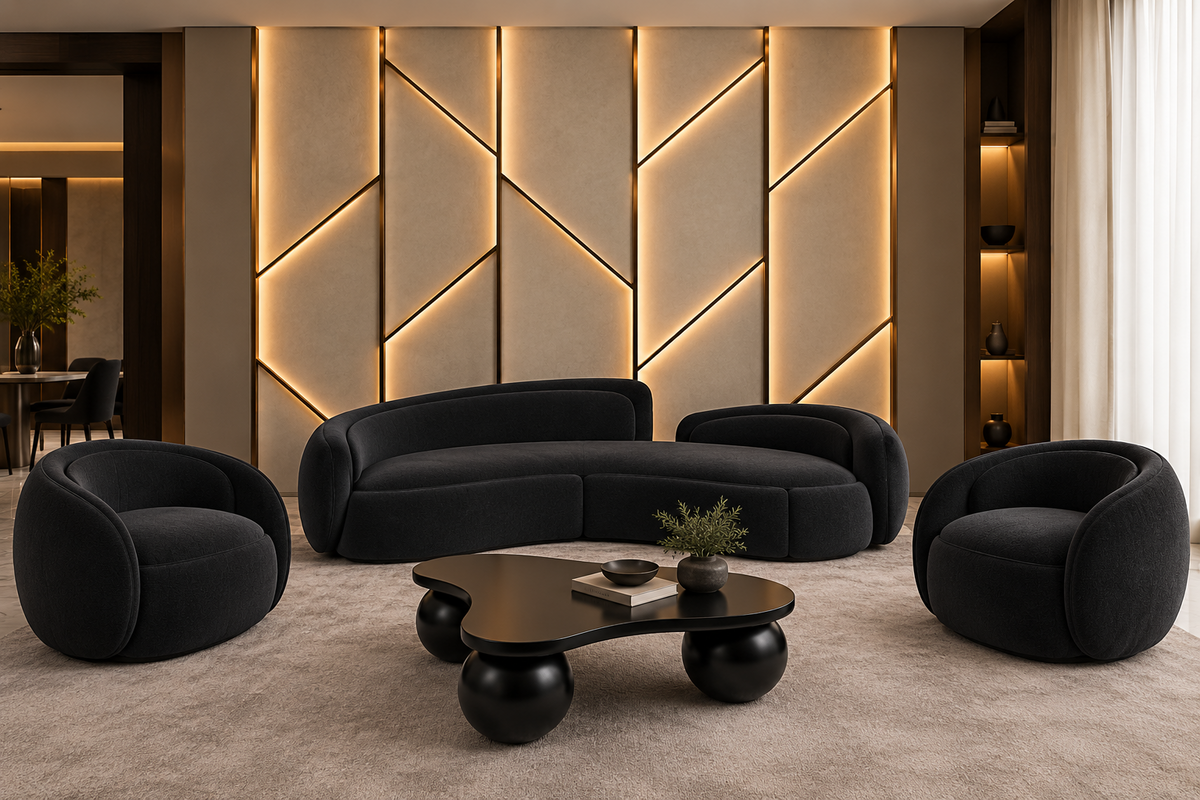 Selene Curve Sofa Set with four-seater curved sofa, two single chairs and sculptural black centre table by Z Galleria