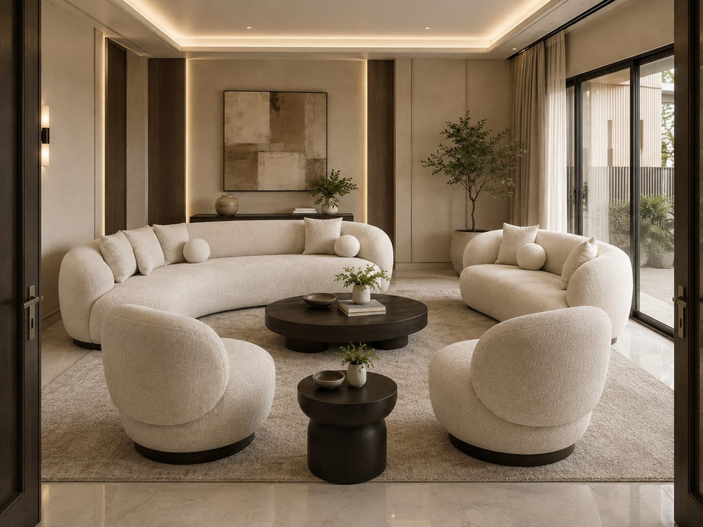 Seren Arc Sofa Set with curved ivory seating and sculptural tables by Z Galleria