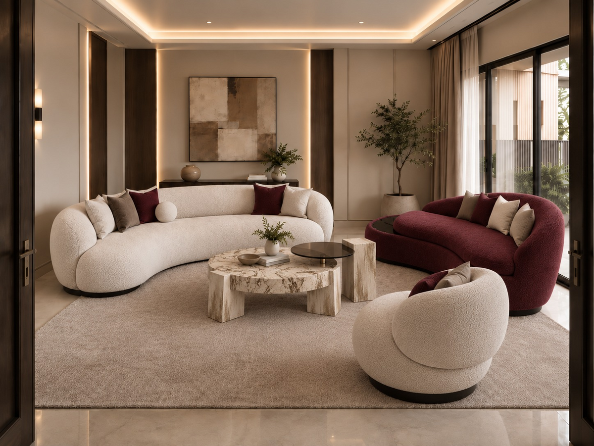 Seren Arc Sofa Set in ivory and burgundy bouclé colourway by Z Galleria