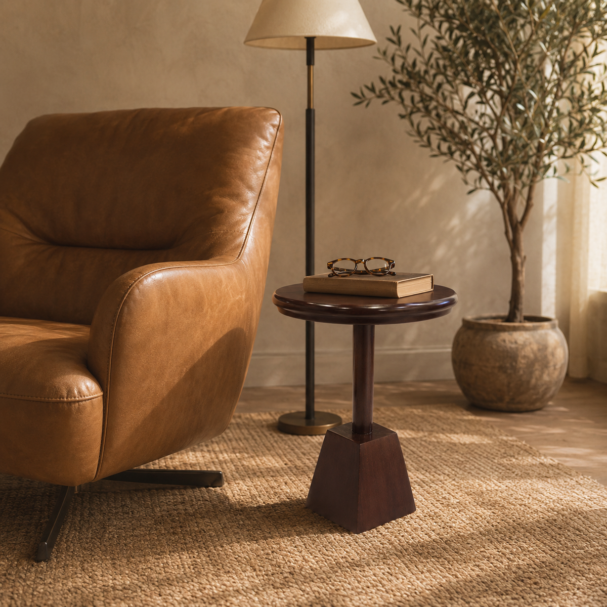 A mid-century modern side table with a dark wood round top and geometric pedestal base, styled in a warm living room next to a brown leather armchair and a floor lamp.