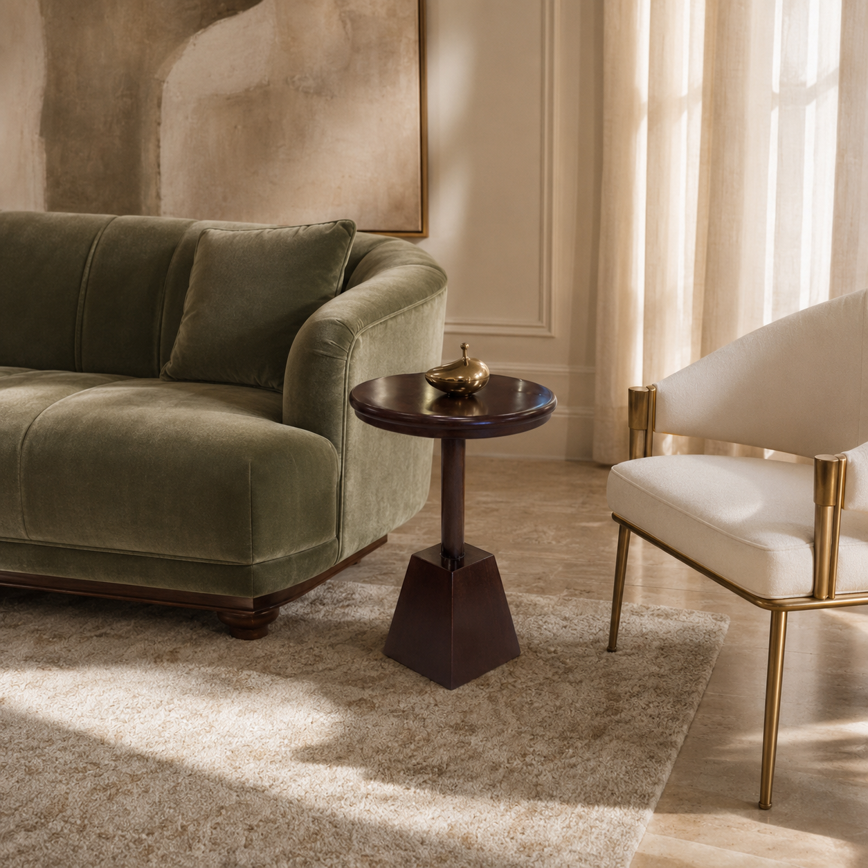 A dark wood round side table with a geometric pedestal base stands between a green velvet sofa and a cream upholstered accent chair in a sunlit living room.