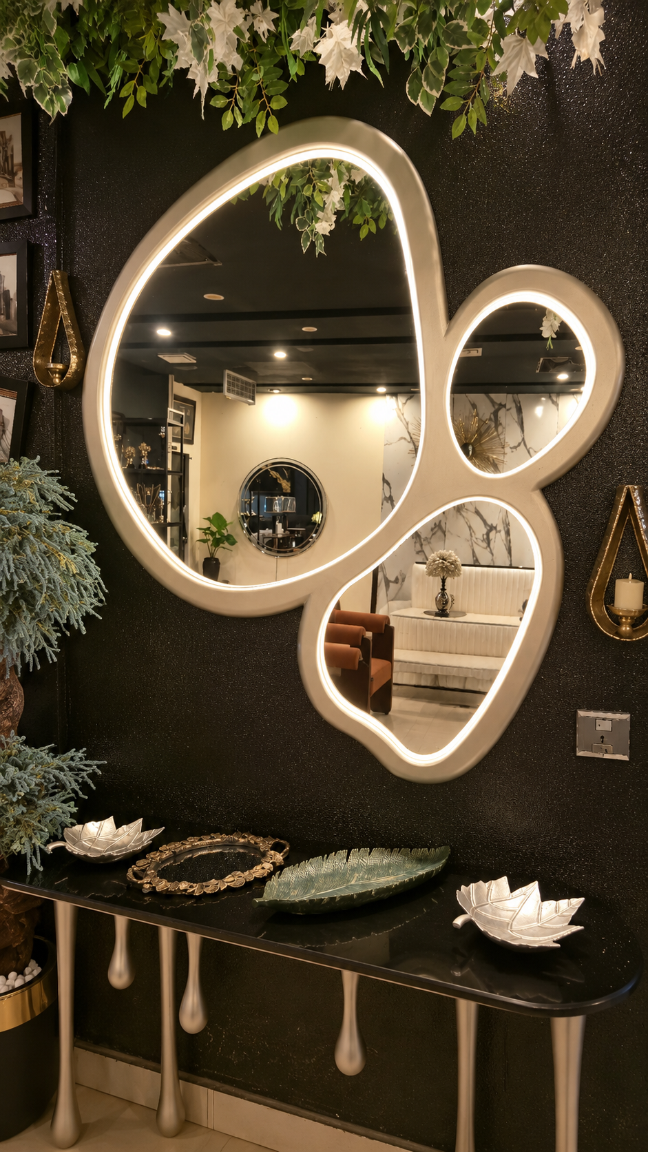 Silver Drip Console with Organic LED Mirror left angle