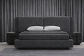 Sleek Grey Bed Set hero view with upholstered bed and matching side tables by Z Galleria