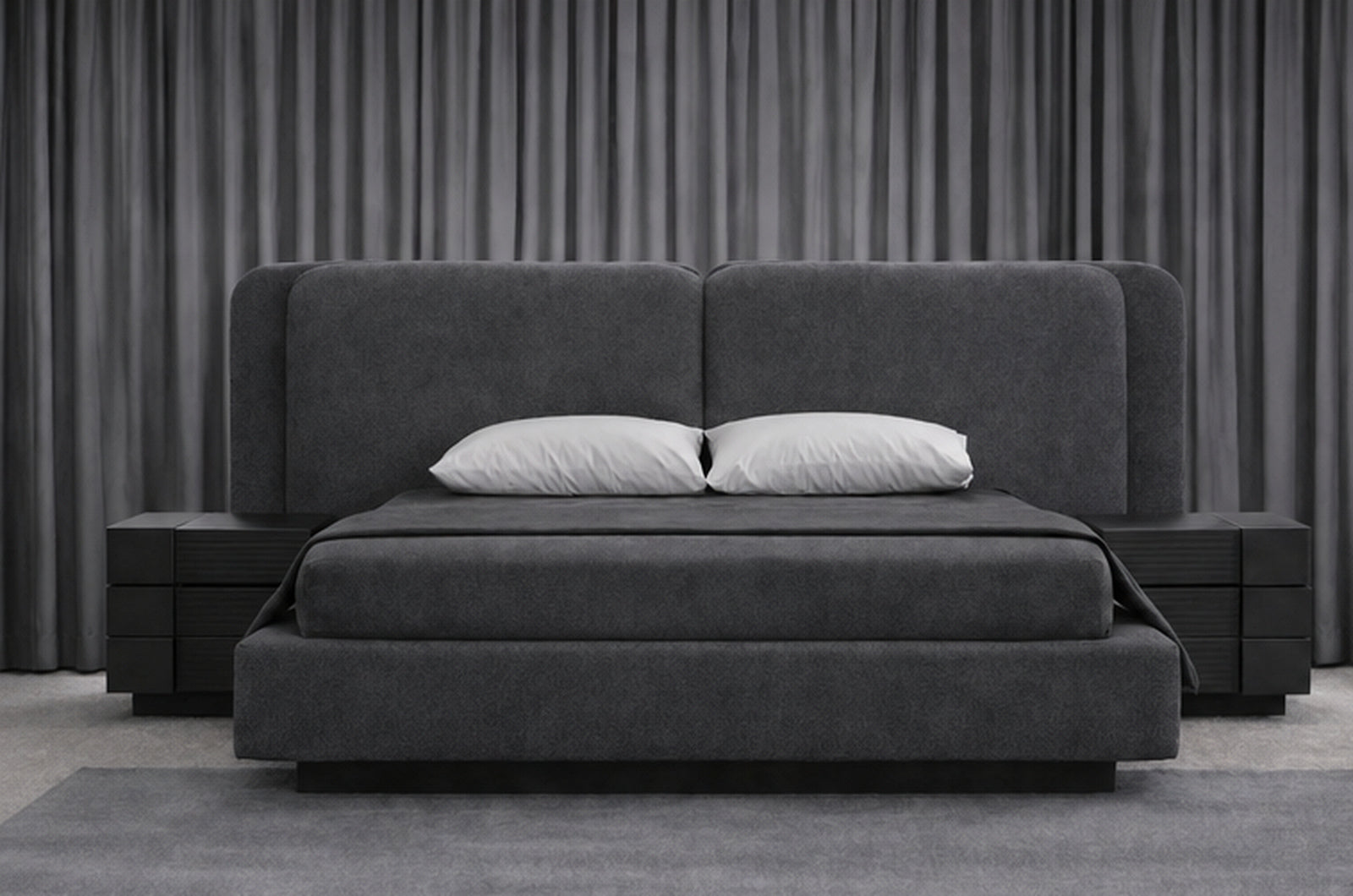 Sleek Grey Bed Set hero view with upholstered bed and matching side tables by Z Galleria