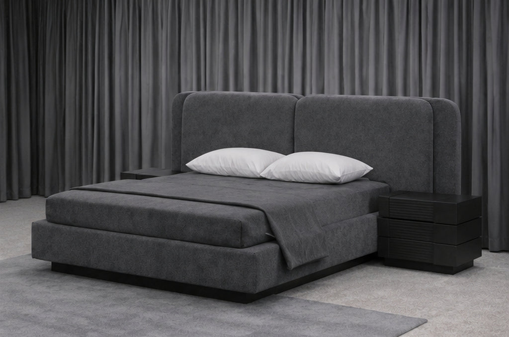 Sleek Grey Bed Set angled view showing upholstered platform and matching side tables by Z Galleria