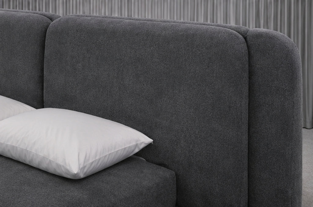 Sleek Grey Bed Set close-up showing upholstered headboard and fabric detail by Z Galleria