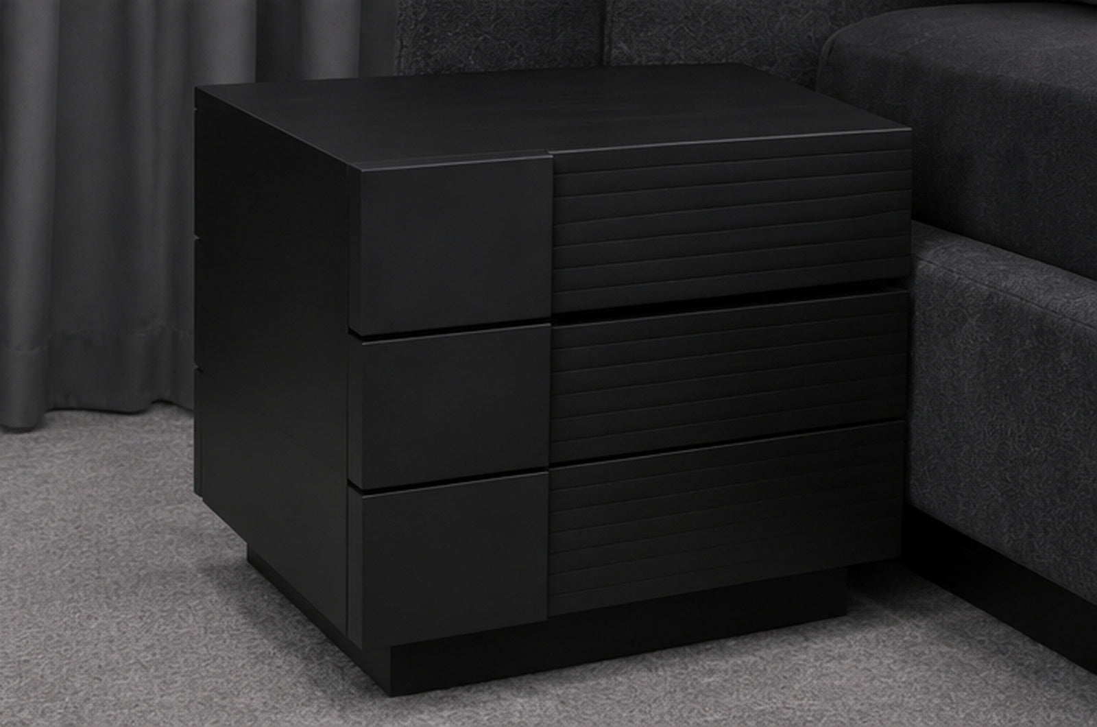 Sleek Grey Bed Set matching charcoal side table close-up by Z Galleria